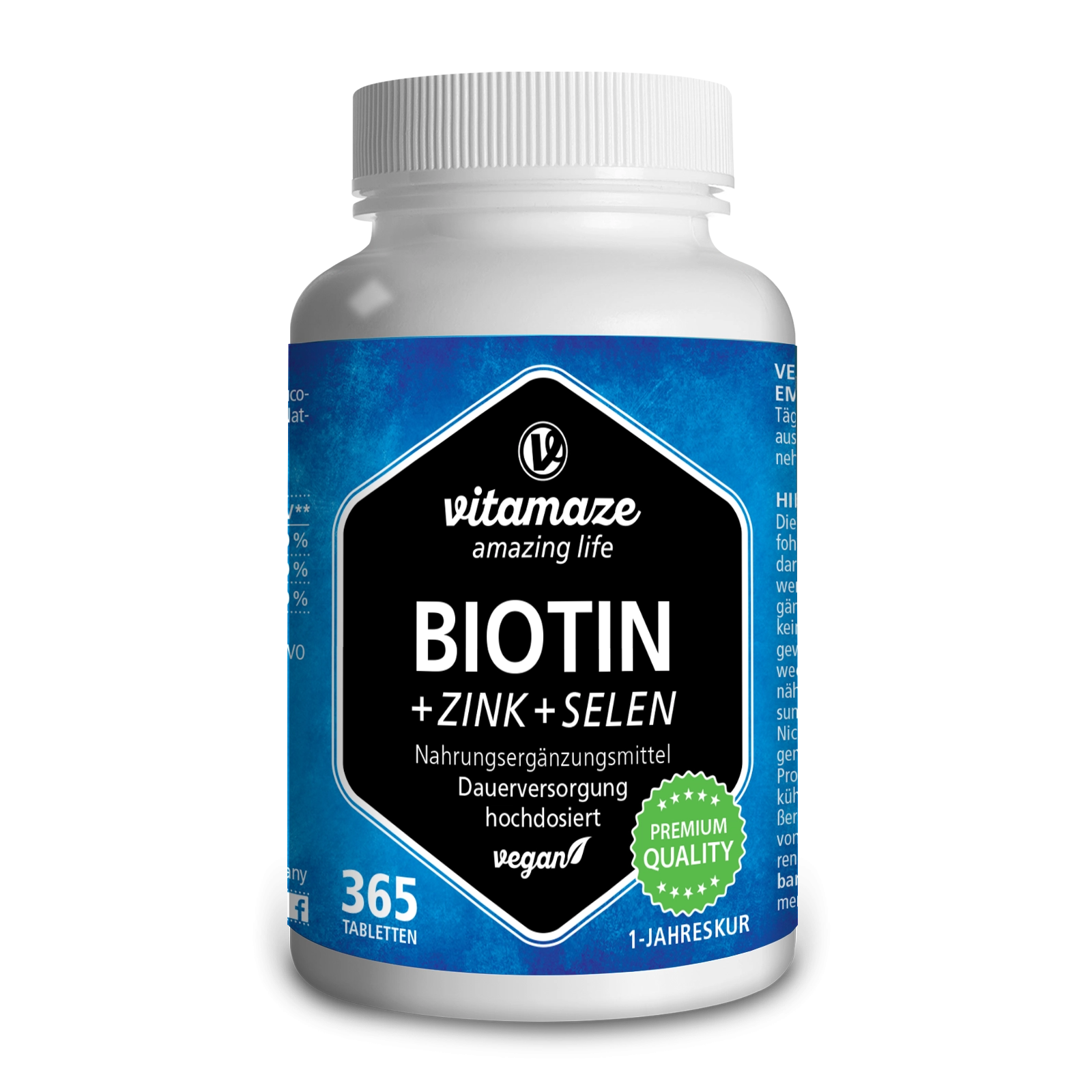 Biotin hochdosiert + Zink + Selen, 365 vegane Tabletten