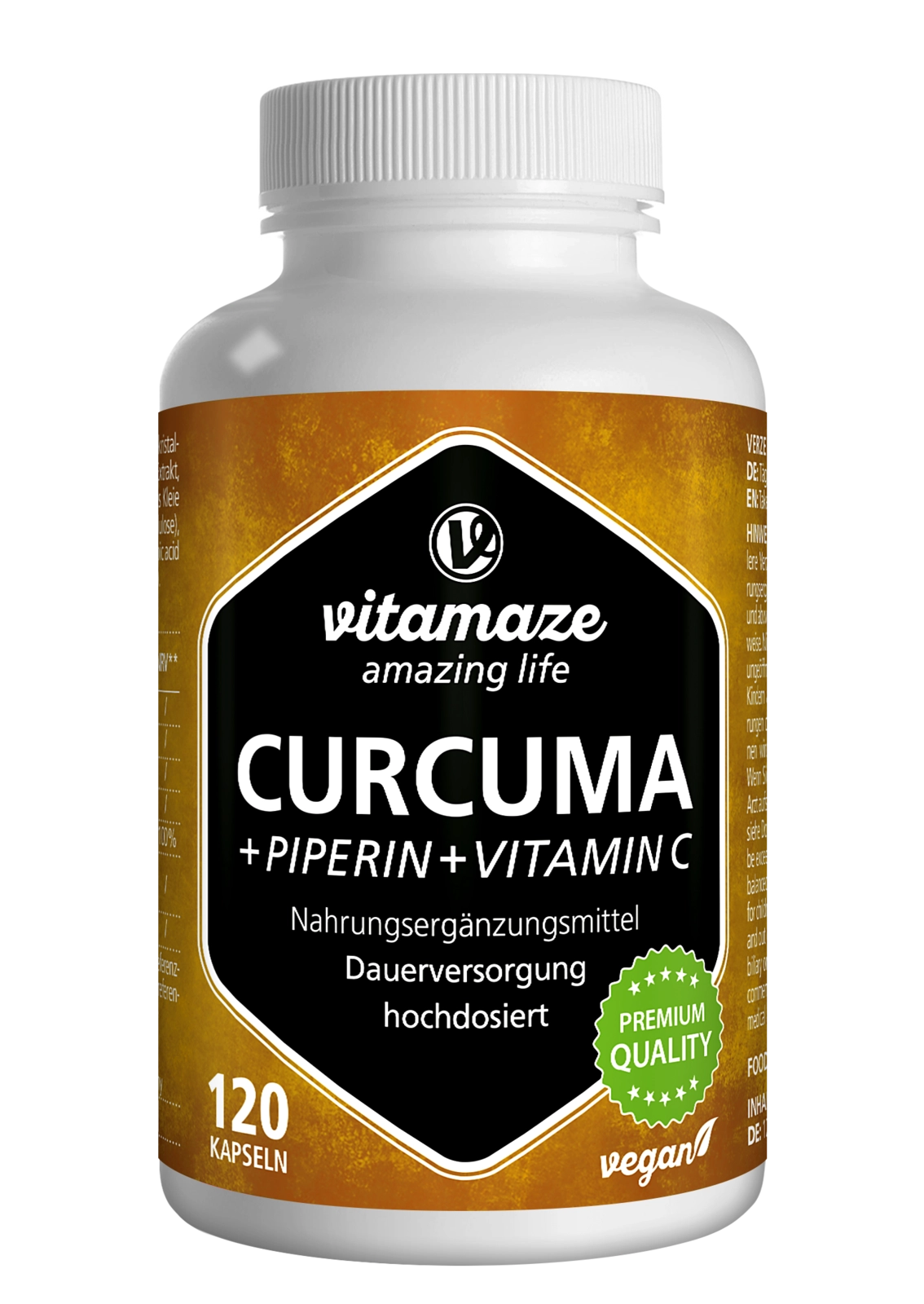 Kurkuma hochdosiert + Piperin + Vitamin C, 120 vegane Kapseln