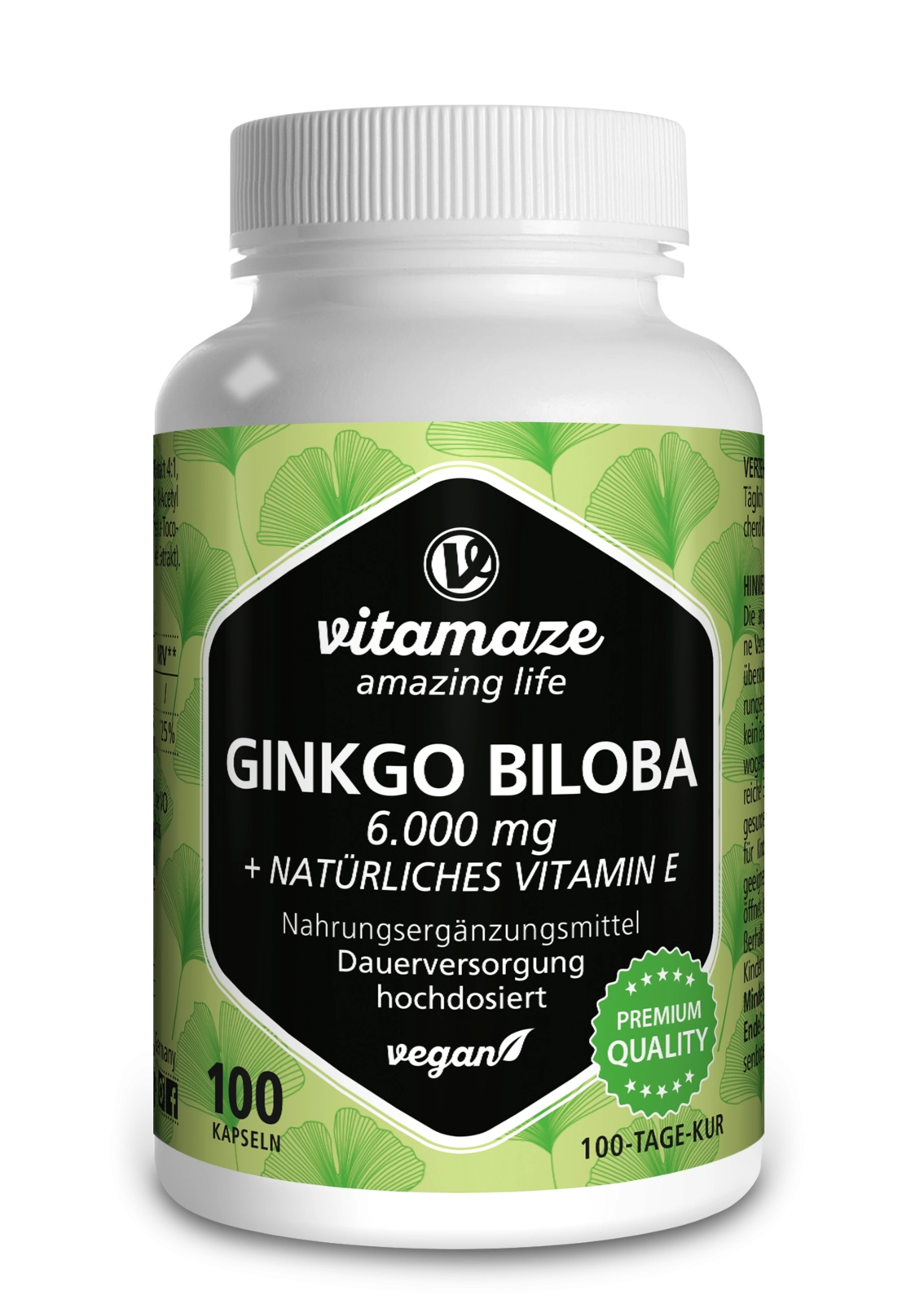 Ginkgo Biloba 6.000 mg hochdosiert + natürliches Vitamin E + Acai, 100 vegane Kapseln