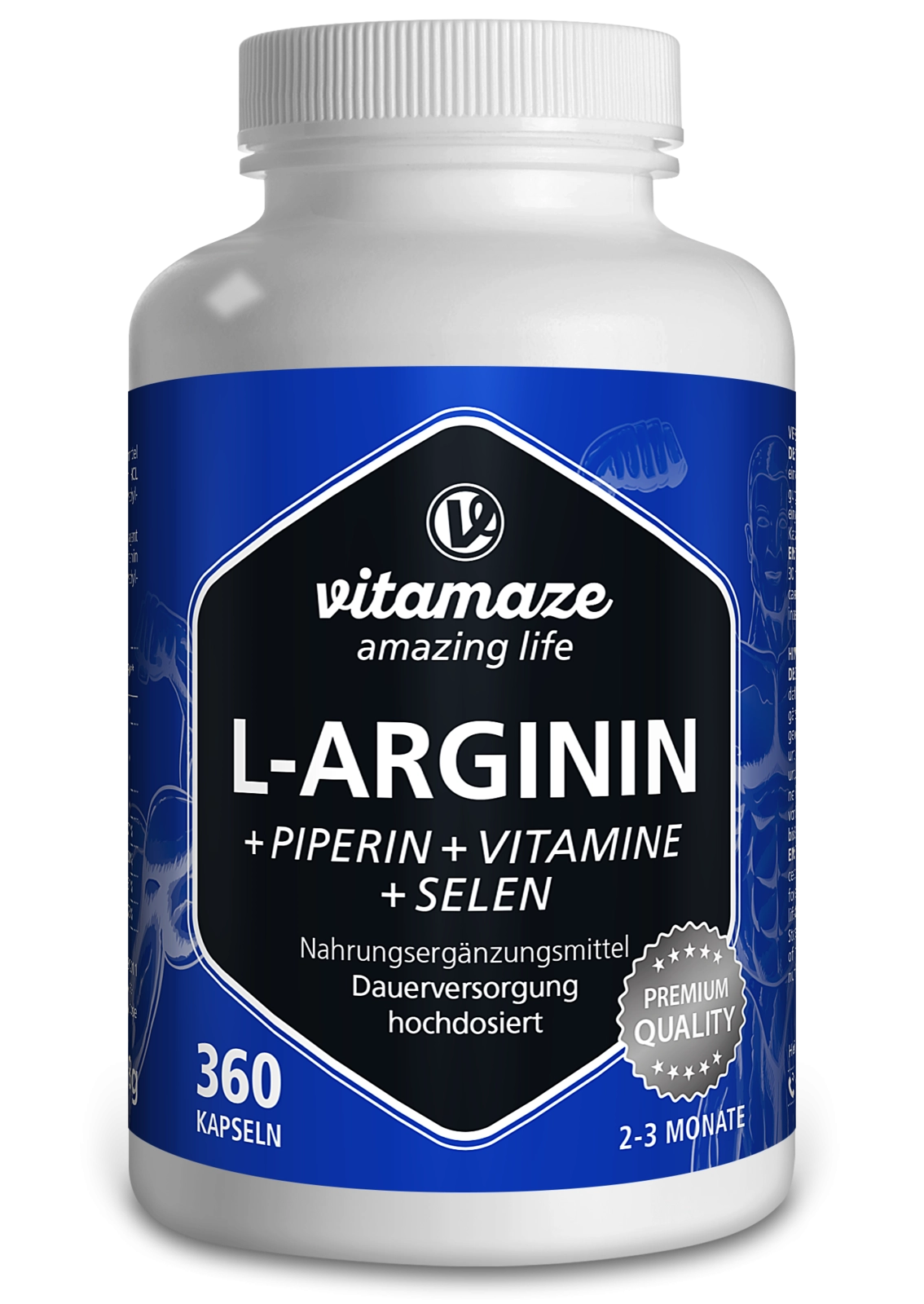 L-Arginin Plus hochdosiert + Piperin + Vitamine + Selen, 360 Kapseln