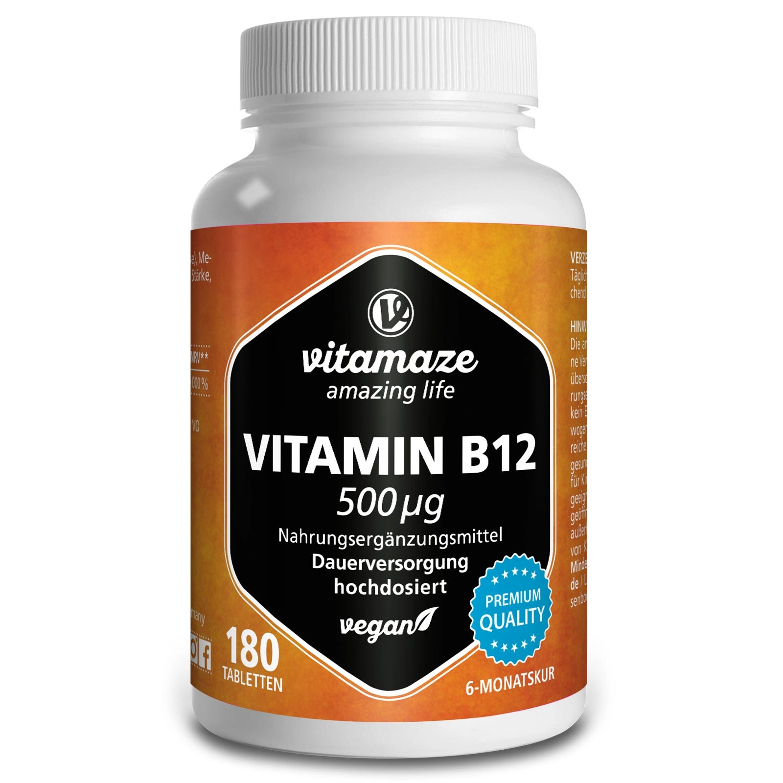 Vitamin B12 500 µg hochdosiert, 180 vegane Tabletten