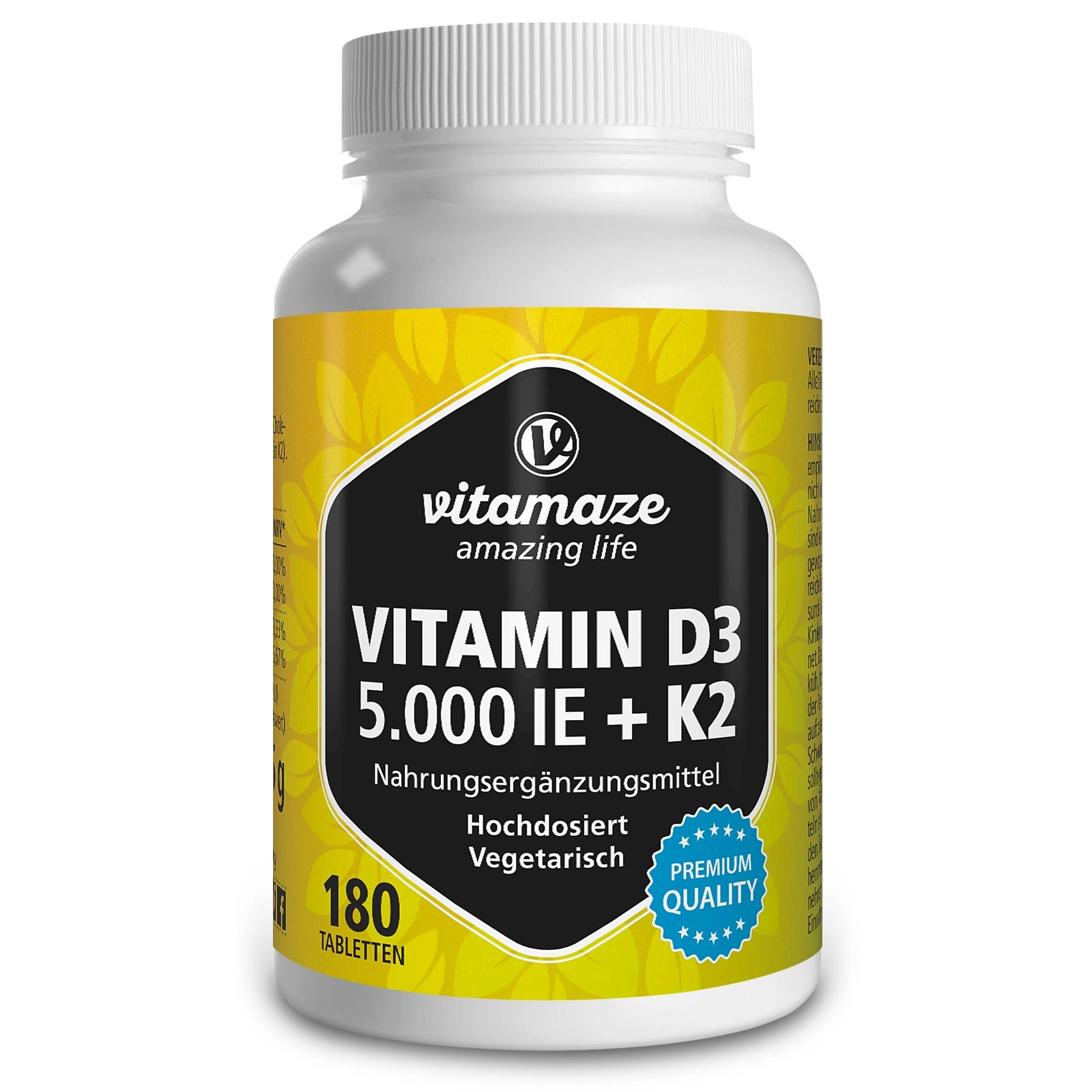 Vitamin D3 5000 IE + K2 100 µg hochdosiert & vegetarisch, 180 Tabletten