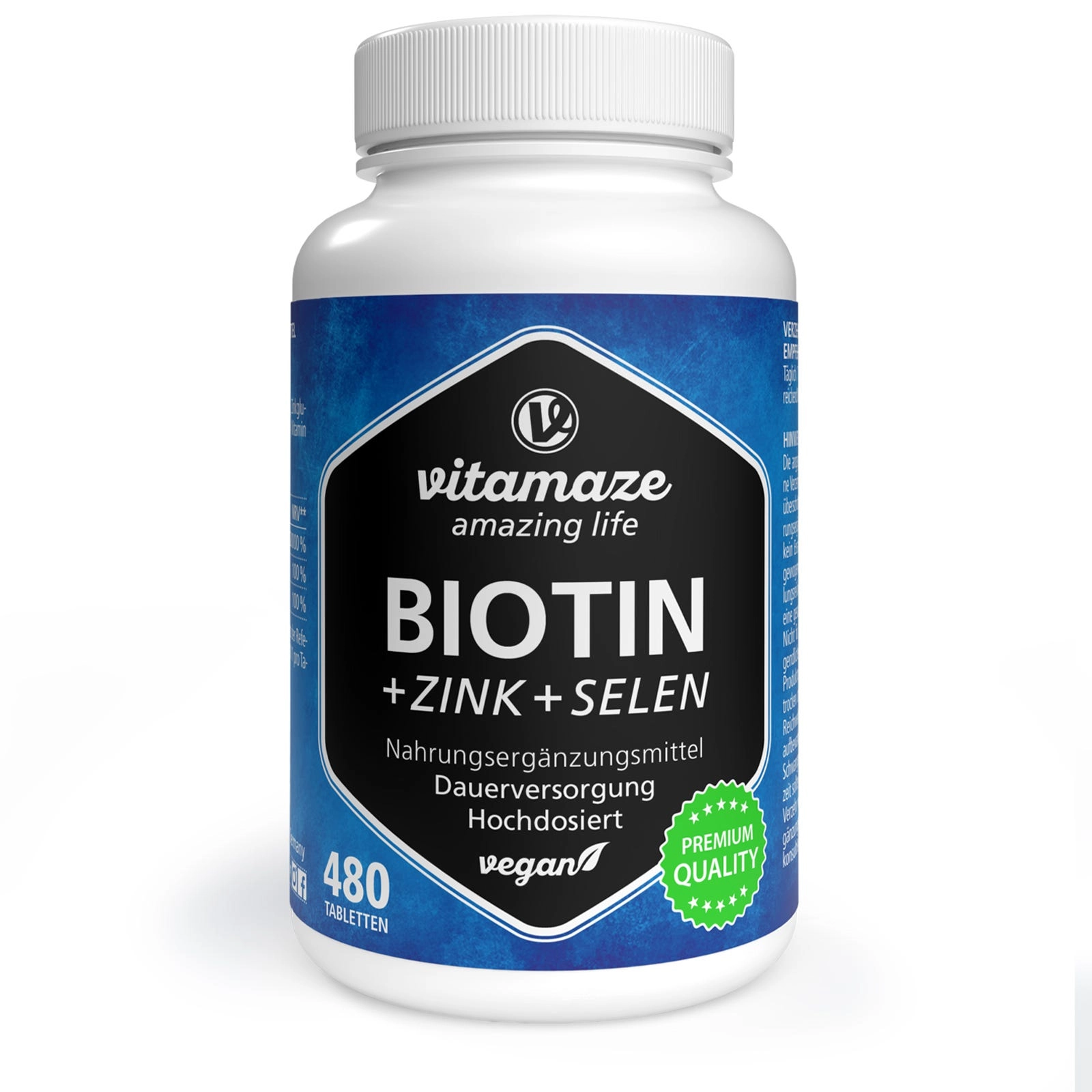 Biotin hochdosiert + Zink + Selen, 480 vegane Tabletten