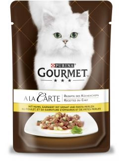 Purina Gourmet a la Carte mit Huhn garniert mit Spinat und Pasta-Perlen