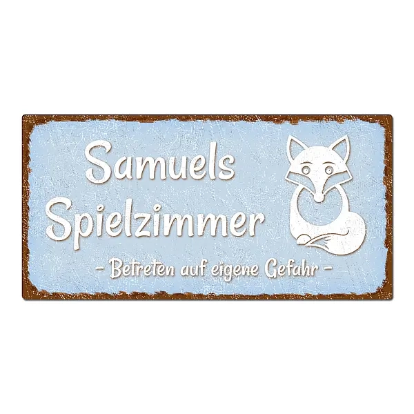 Blechschild im Vintage Look mit Wunschtext 300 x 150mm hellblau/braun