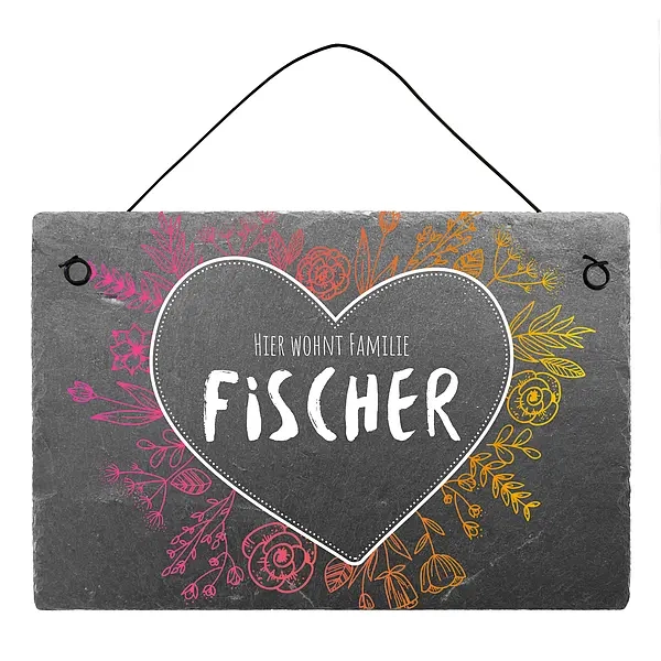 Türschild aus farbig bedrucktem Schiefer mit Herz und Familiennamen 30 x 20 cm