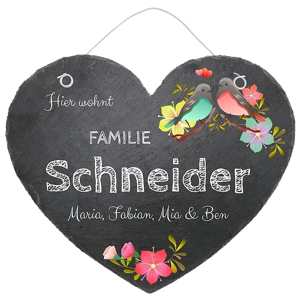 Türschild in Herzform aus Schiefer Blumen und Vögel in der Größe 24 cm Design Birds