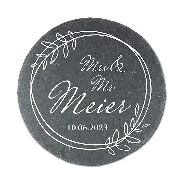 Rundes Schieferschild zur Hochzeit mit Namen des Brautpaares