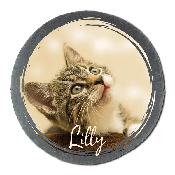 Runde Schiefertafel mit Katzenfoto und Name