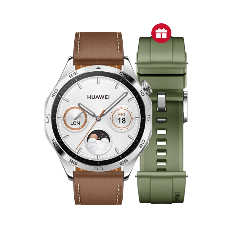 HUAWEI WATCH GT 4 46mm Edelstahlgehäuse mit braunem Lederarmband