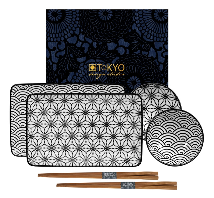 Schwarz / Weißes Teller Set mit Stäbchen - Nippon Schwarz - 6er Set - 21 x 13,5 & 9,5 x 3 cm