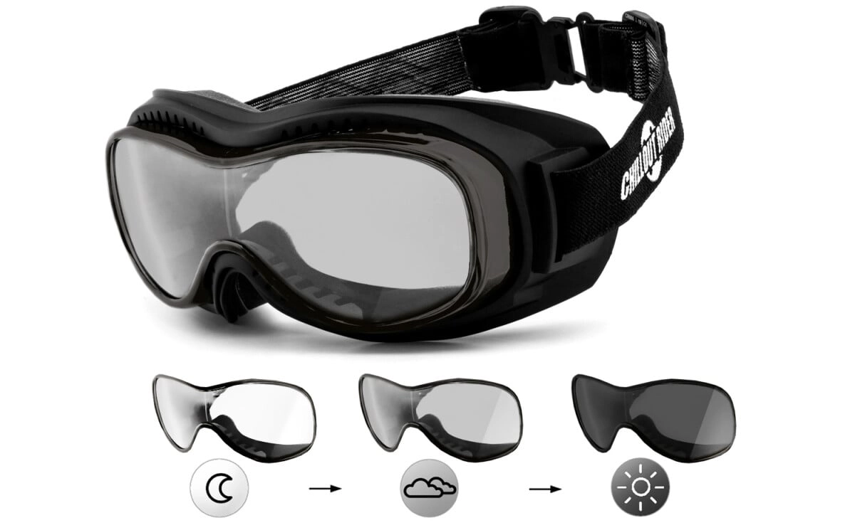 SELBSTTÖNENDE ÜBERBRILLE Motorradbrille | winddicht | Chopper, Besonders ergonomische Passform mit Polster, Steinschlagbeständig durch Kunststoff-Sicherheitsglas, HLT® Qualitätsgläser für verzerrungsf