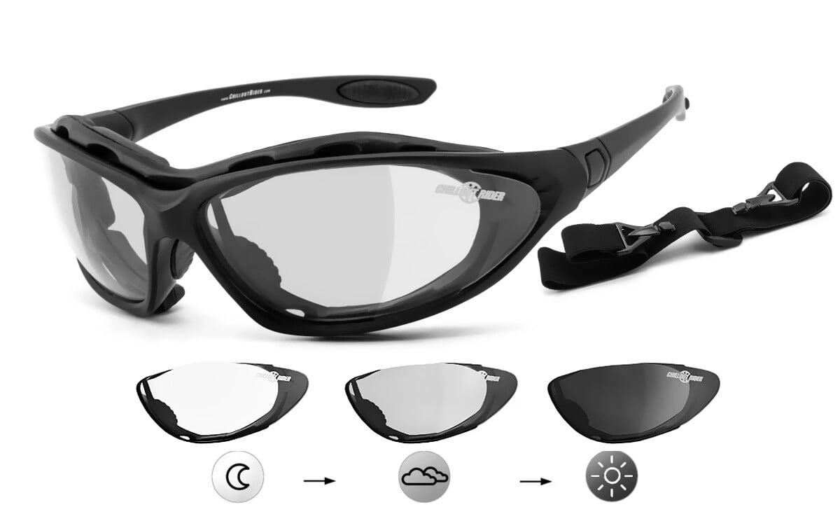 selbsttönende Motorradbrille | winddicht | Chopper, Besonders ergonomische Passform mit Polster, Steinschlagbeständig durch Kunststoff-Sicherheitsglas, HLT® Qualitätsgläser für verzerrungsfreies & prä