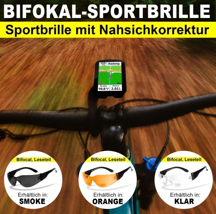 Sportbrille mit Lesehilfe (Leseteil - Bifocal), Besonders ergonomische Passform, Steinschlagbeständig durch Kunststoff-Sicherheitsglas, HLT® Qualitätsgläser für verzerrungsfreies & präzises Sehen, UV4