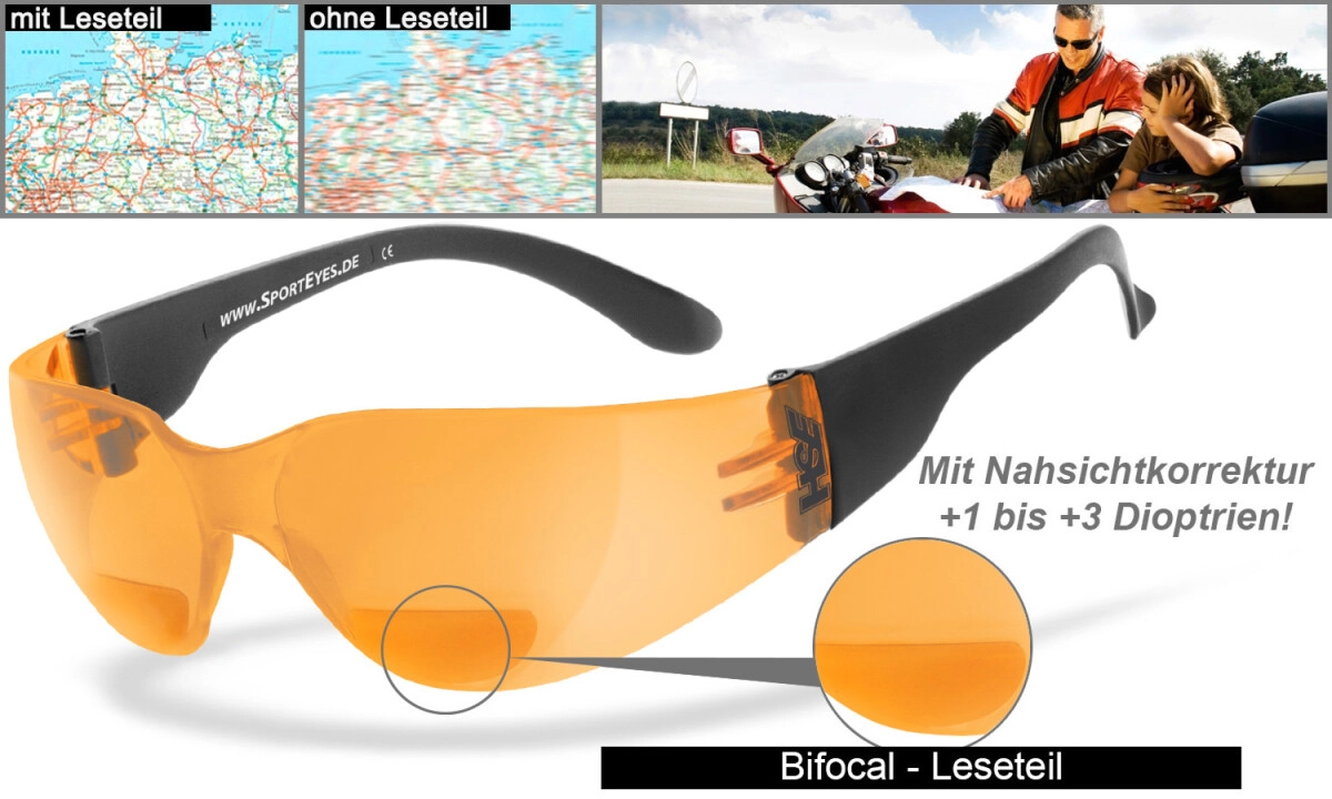 Sonnenbrille, Sportbrille mit Lesehilfe (Leseteil - Bifocal), Besonders ergonomische Passform, Steinschlagbeständig nach DIN EN 166, HLT® Qualitätsgläser für verzerrungsfreies & präzises Sehen, UV400 