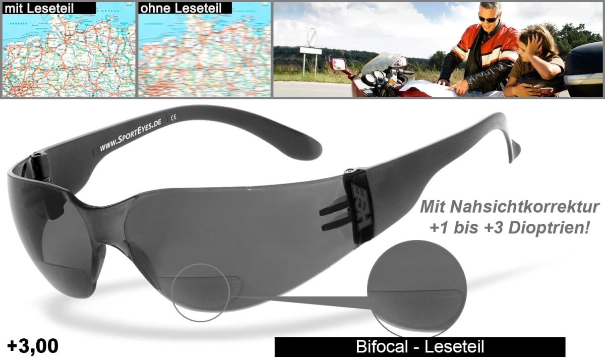 Sonnenbrille, Sportbrille mit Lesehilfe (Leseteil - Bifocal), Besonders ergonomische Passform, Steinschlagbeständig durch Kunststoff-Sicherheitsglas, HLT® Qualitätsgläser für verzerrungsfreies & präzi