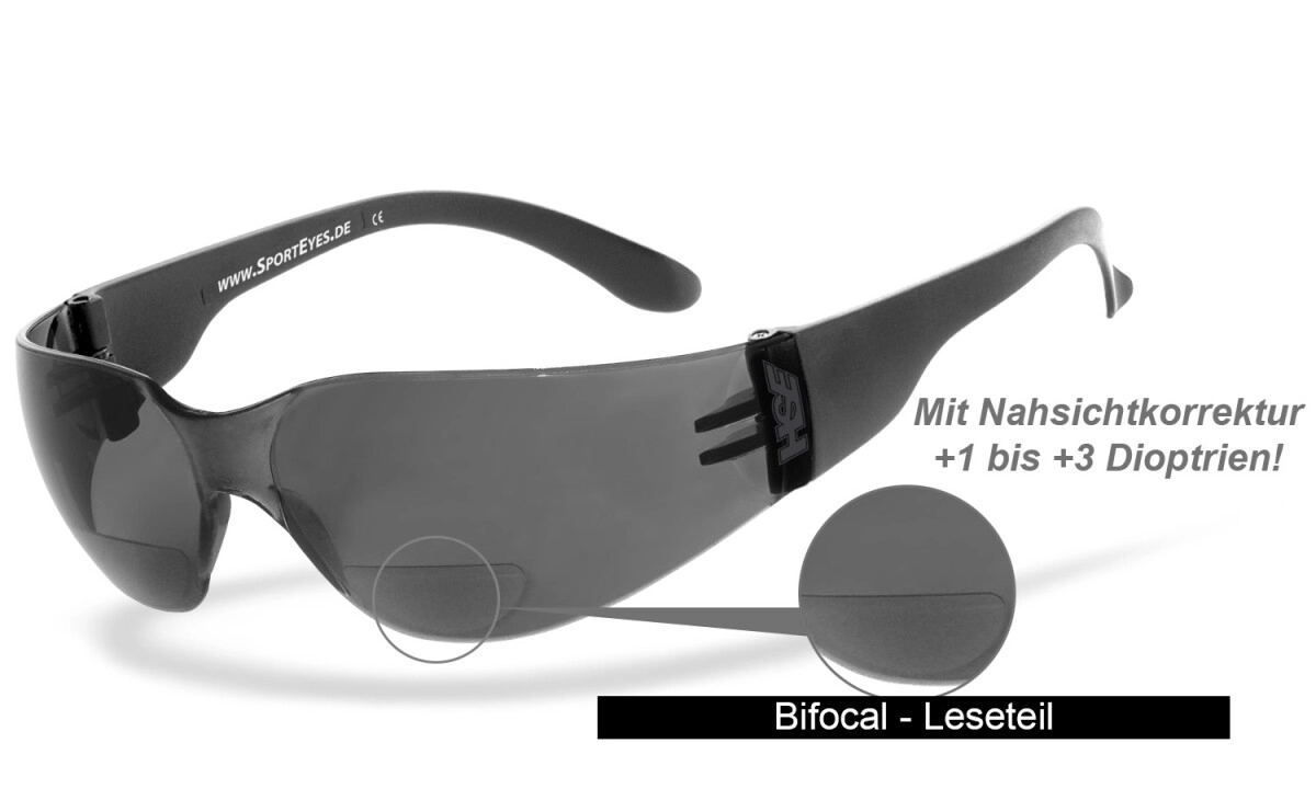 Sonnenbrille, Sportbrille mit Lesehilfe (Leseteil - Bifocal), Besonders ergonomische Passform, Steinschlagbeständig durch Kunststoff-Sicherheitsglas, HLT® Qualitätsgläser für verzerrungsfreies & präzi