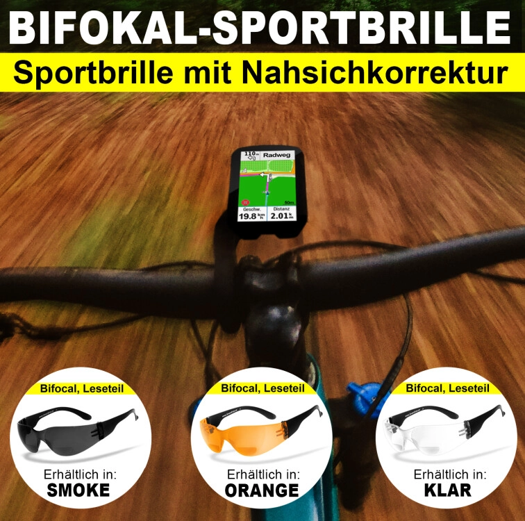 Sonnenbrille, Sportbrille mit Lesehilfe (Leseteil - Bifocal), Besonders ergonomische Passform, Steinschlagbeständig durch Kunststoff-Sicherheitsglas, HLT® Qualitätsgläser für verzerrungsfreies & präzi