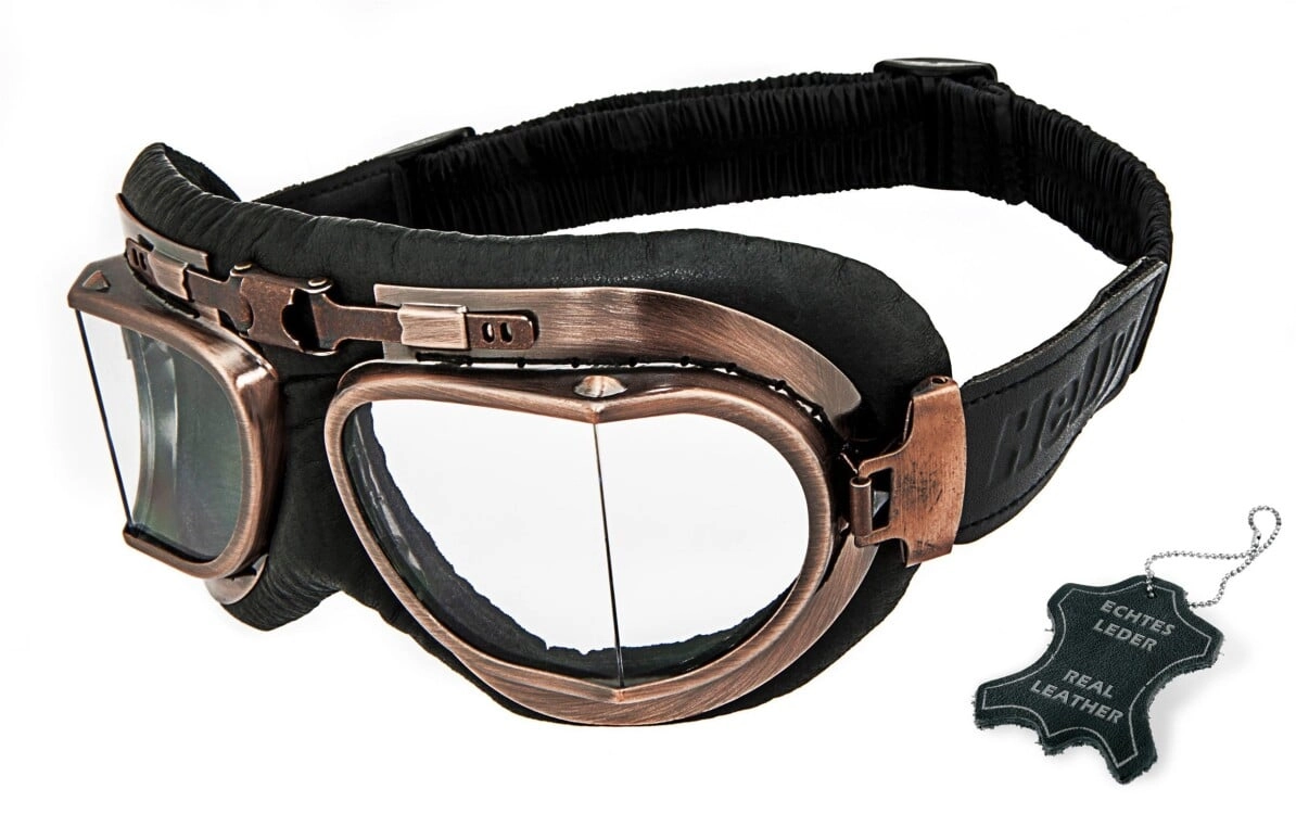 Echtes Leder | Motorradbrille | winddicht | Chopper  | retro, Individuell einstellbares Band, Sehr großes Sichtfeld, HLT® Qualitätsgläser für verzerrungsfreies & präzises Sehen, UV400 Schutzfilter für