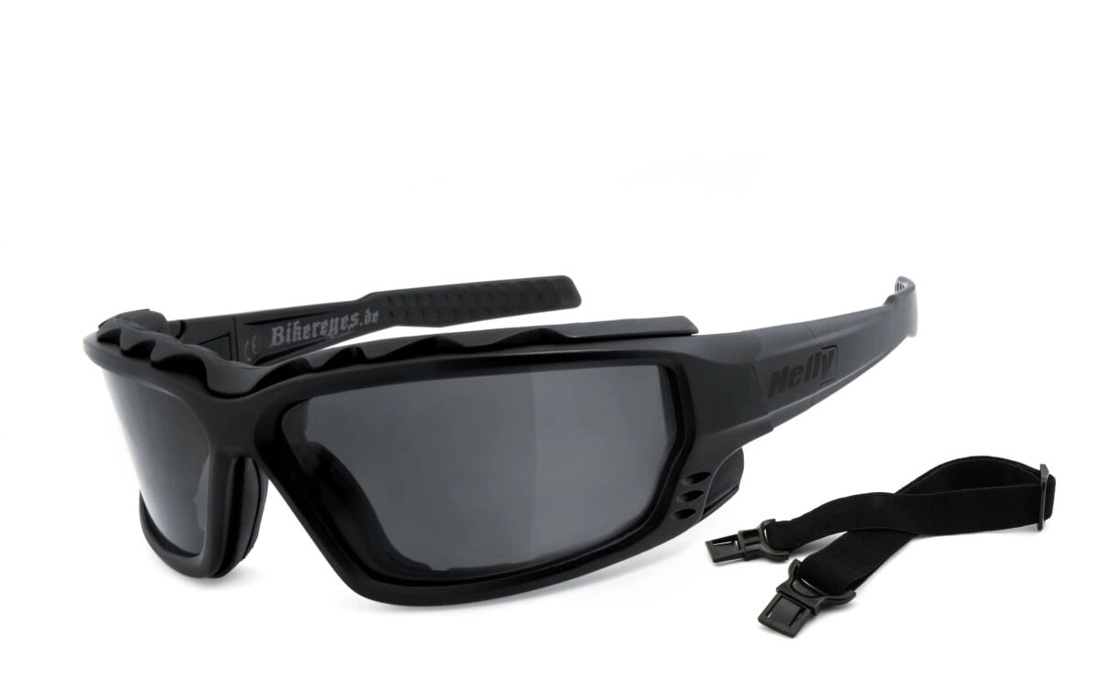 gepolsterte Motorradbrille, Bikerbrille, Sonnenbrille, Besonders ergonomische Passform, Steinschlagbeständig durch Kunststoff-Sicherheitsglas, HLT® Qualitätsgläser für verzerrungsfreies & präzises Seh