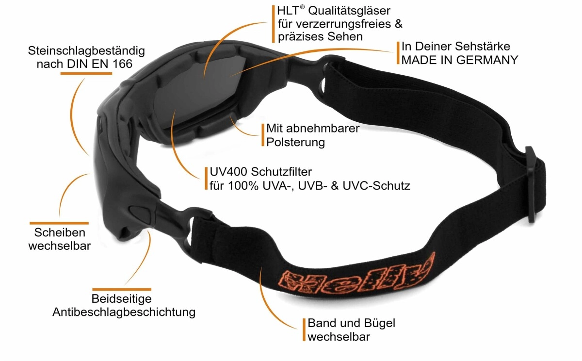 Anfertigung in Deiner individuellen Sehstärke möglich, Motorradbrille, Bikerbrille, Multifunktionsbrille, Besonders ergonomische Passform mit Polster, Steinschlagbeständig nach DIN EN 166, HLT® Qualit