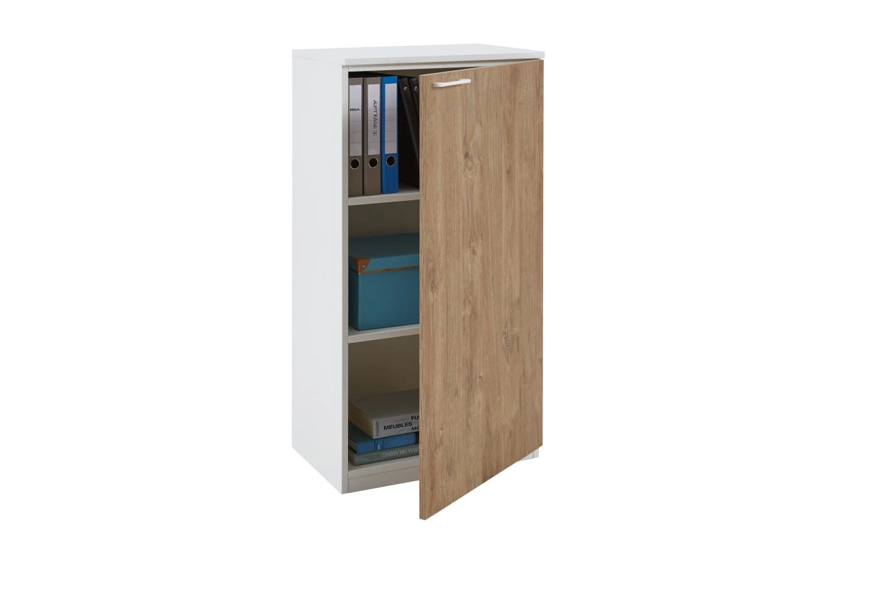 Büroschrank weiß/Wildeiche (Tür rechts) 60 x 116,3 x 40,3 cm – Büro-Schrank 3 Ordner, Aktenschrank 2 Einlegeböden