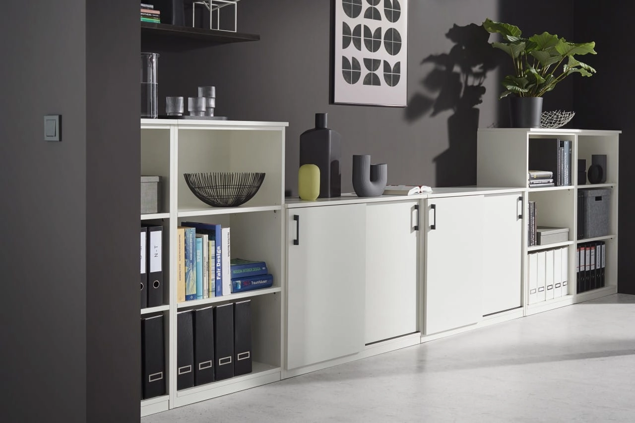 Büro-Schiebetürenschrank weiß/Wildeiche 100,1 x 80 x 40,3 cm – Büro-Schrank Sideboard 2 Schiebetüren, 1 Einlegeboden