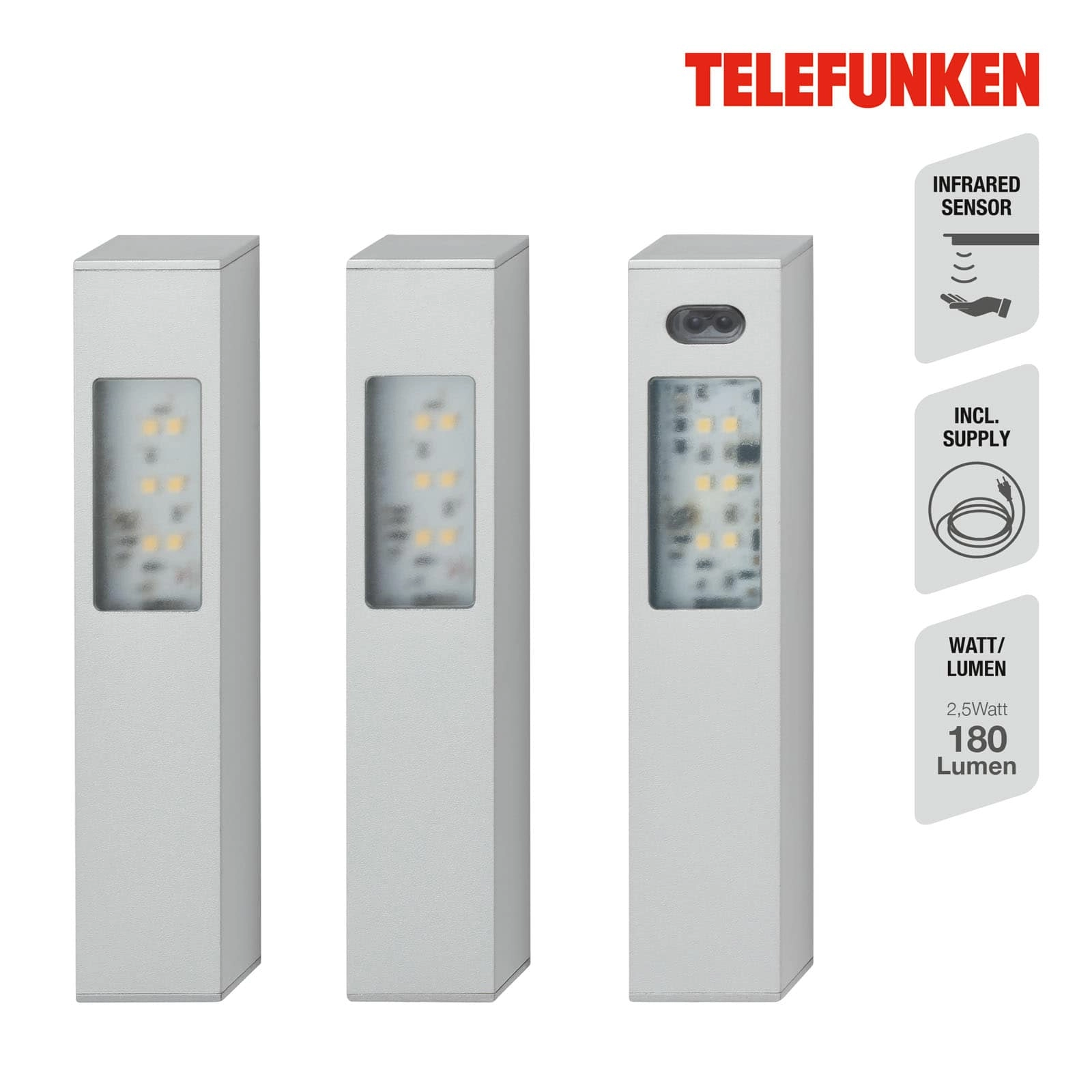 Telefunken 3er Set Sensor Möbelunterbauleuchte, 16 cm, 2,5 W, 180 lm, Aluminium