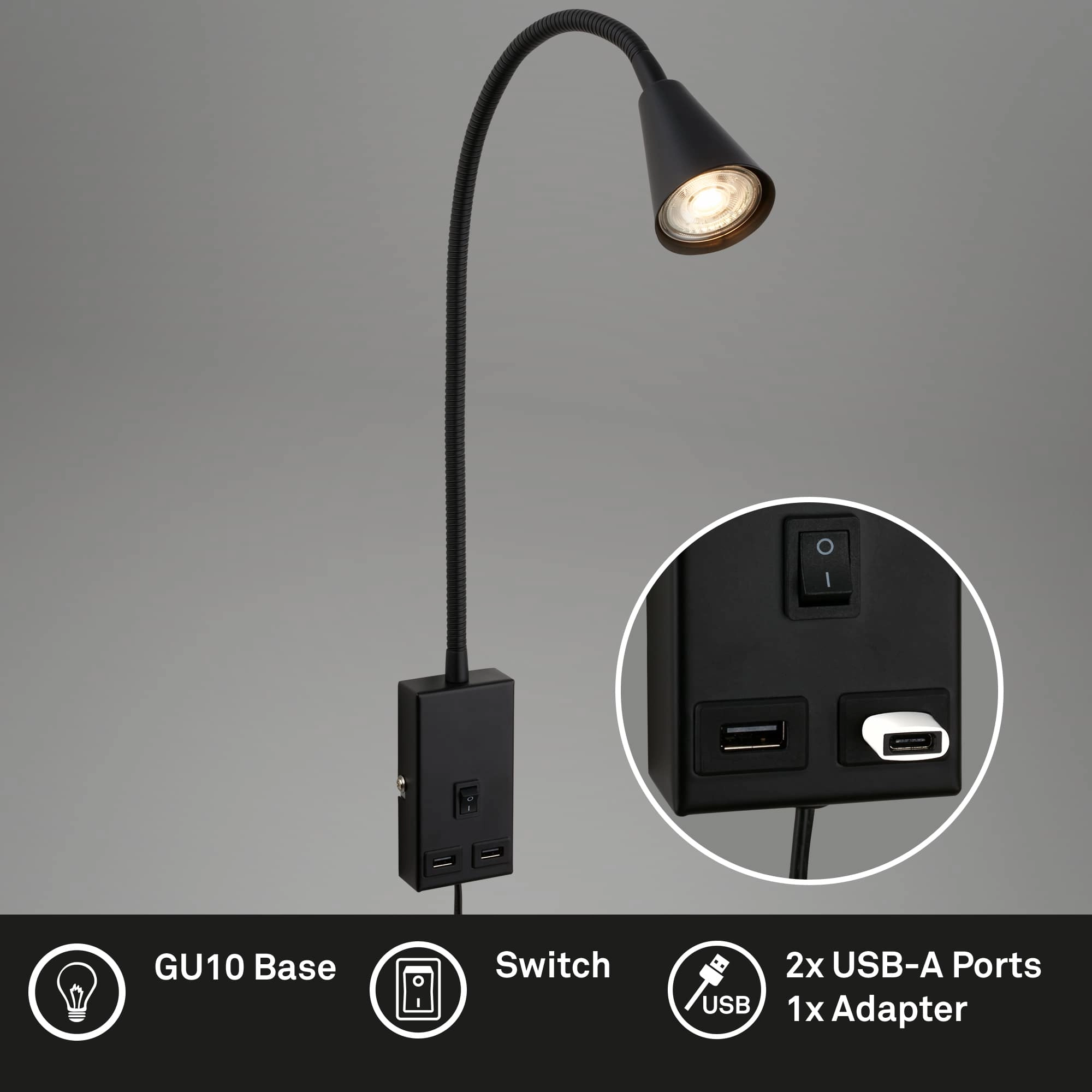 Briloner Justra Leselampe, Schwenkbar, 2 USB Ports, Schwarz