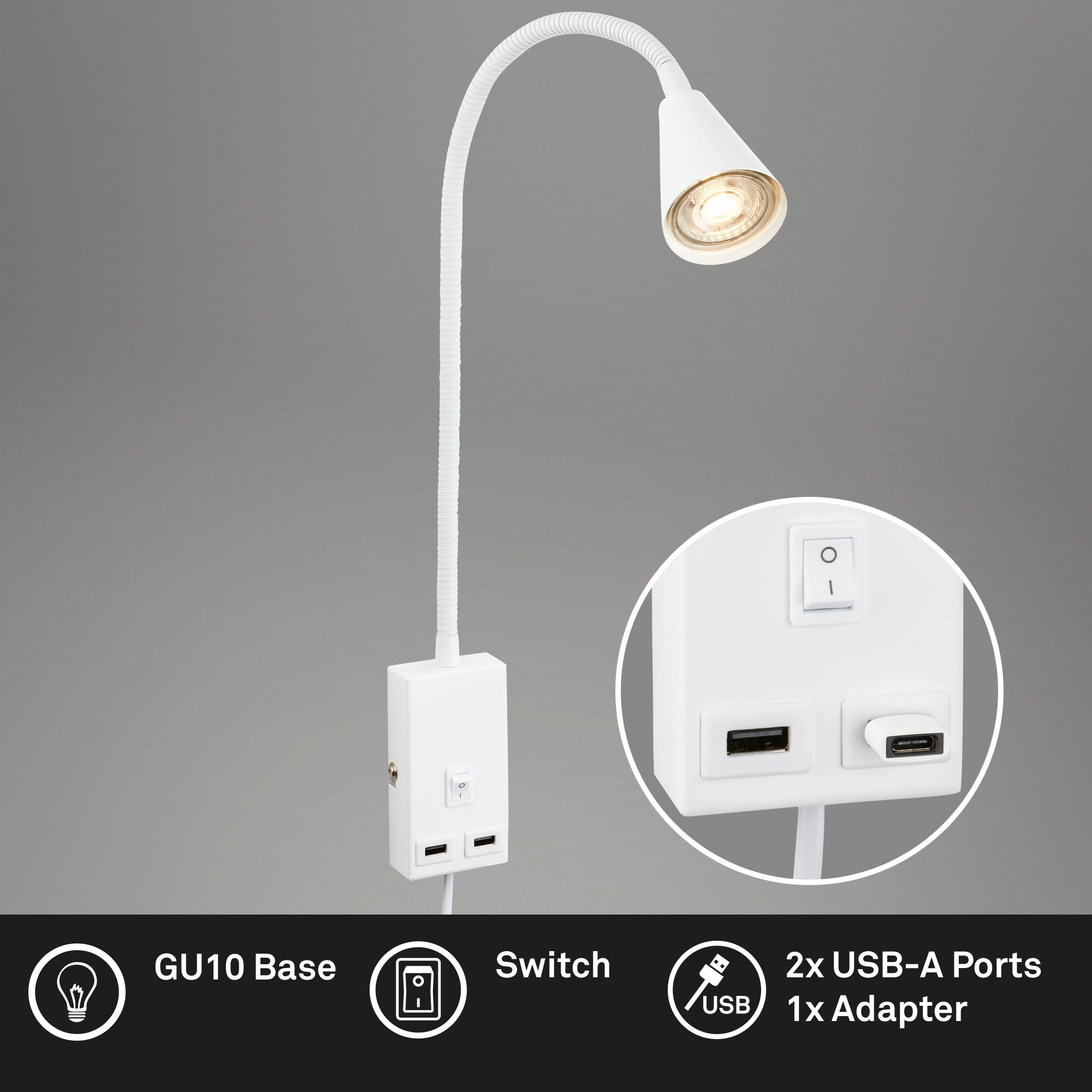 Briloner Justra Leselampe, Schwenkbar, 2 USB Ports, Weiß