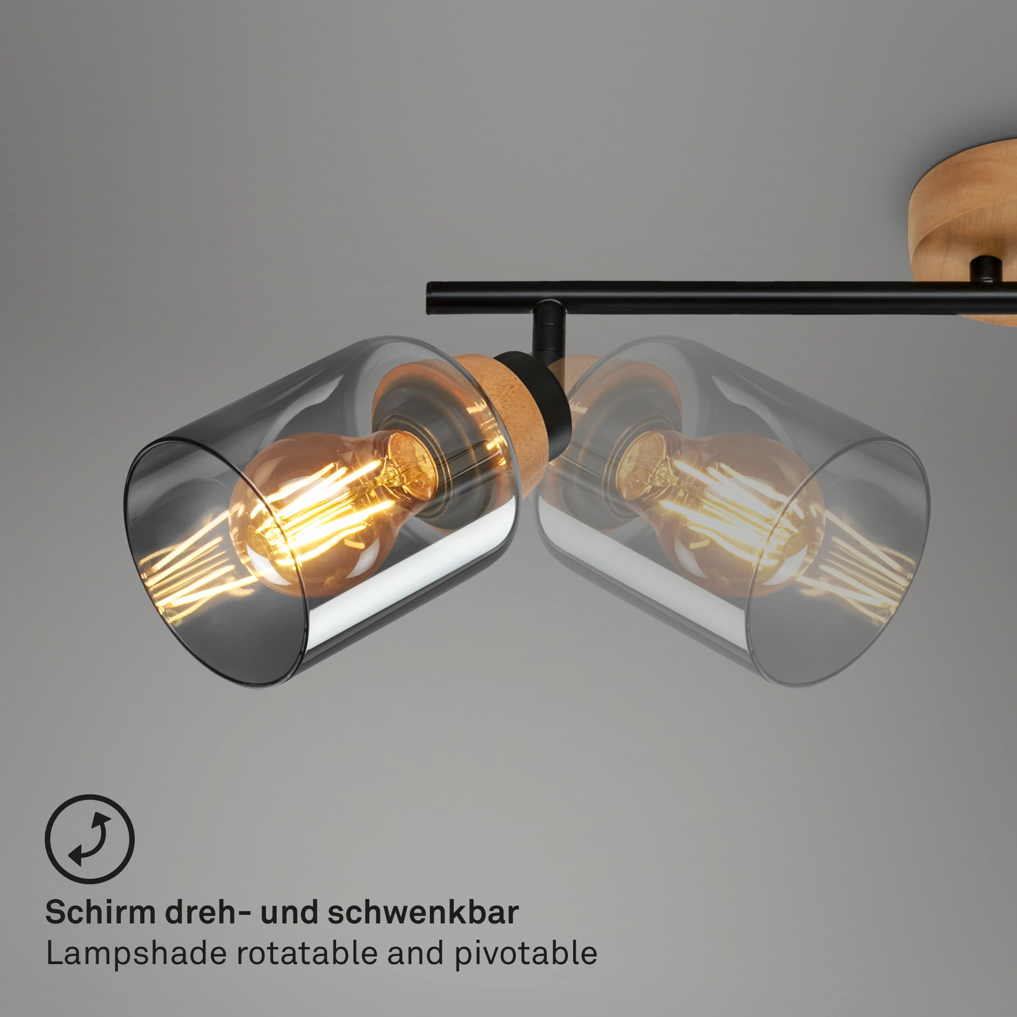 Briloner Hema Deckenstrahler, Rauchglas, schwenkbar, 3-flammig, Holzbasis