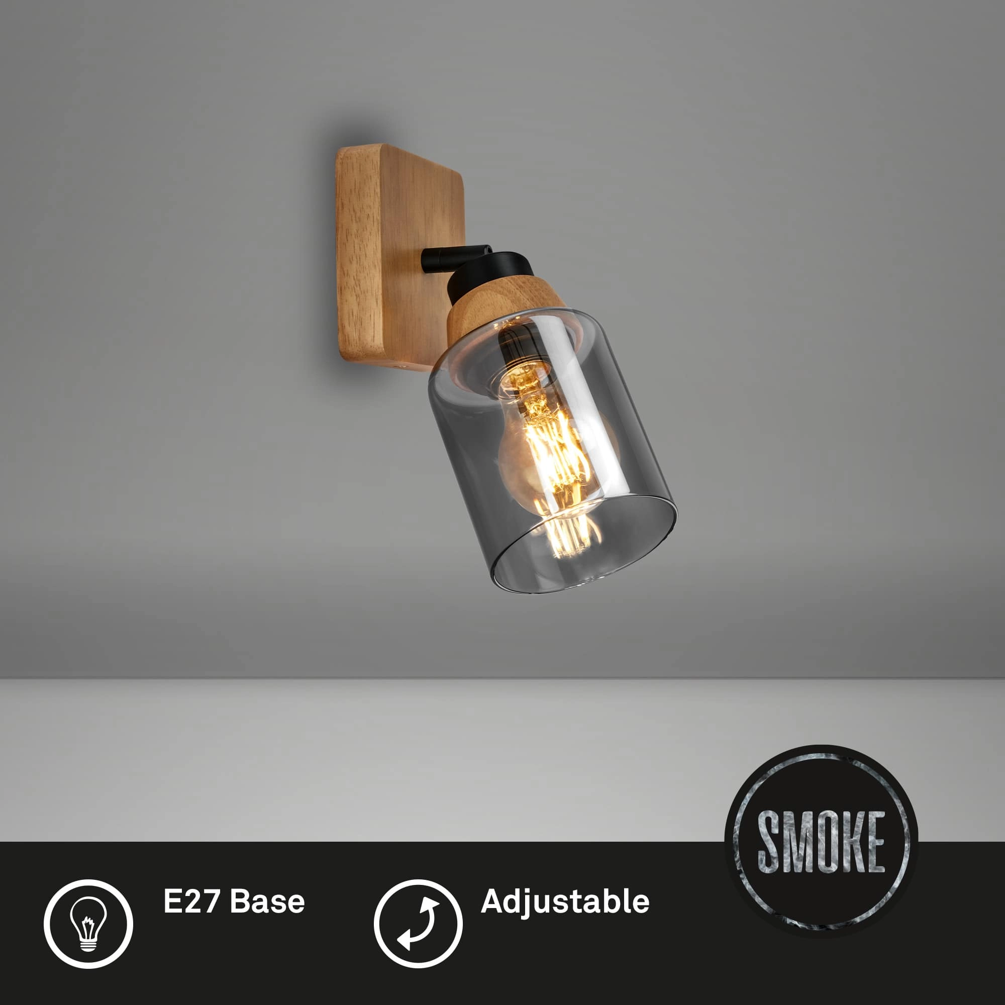 Briloner Royk Wandleuchte, Rauchglas, schwenkbar, 1-flammig, Holzbasis