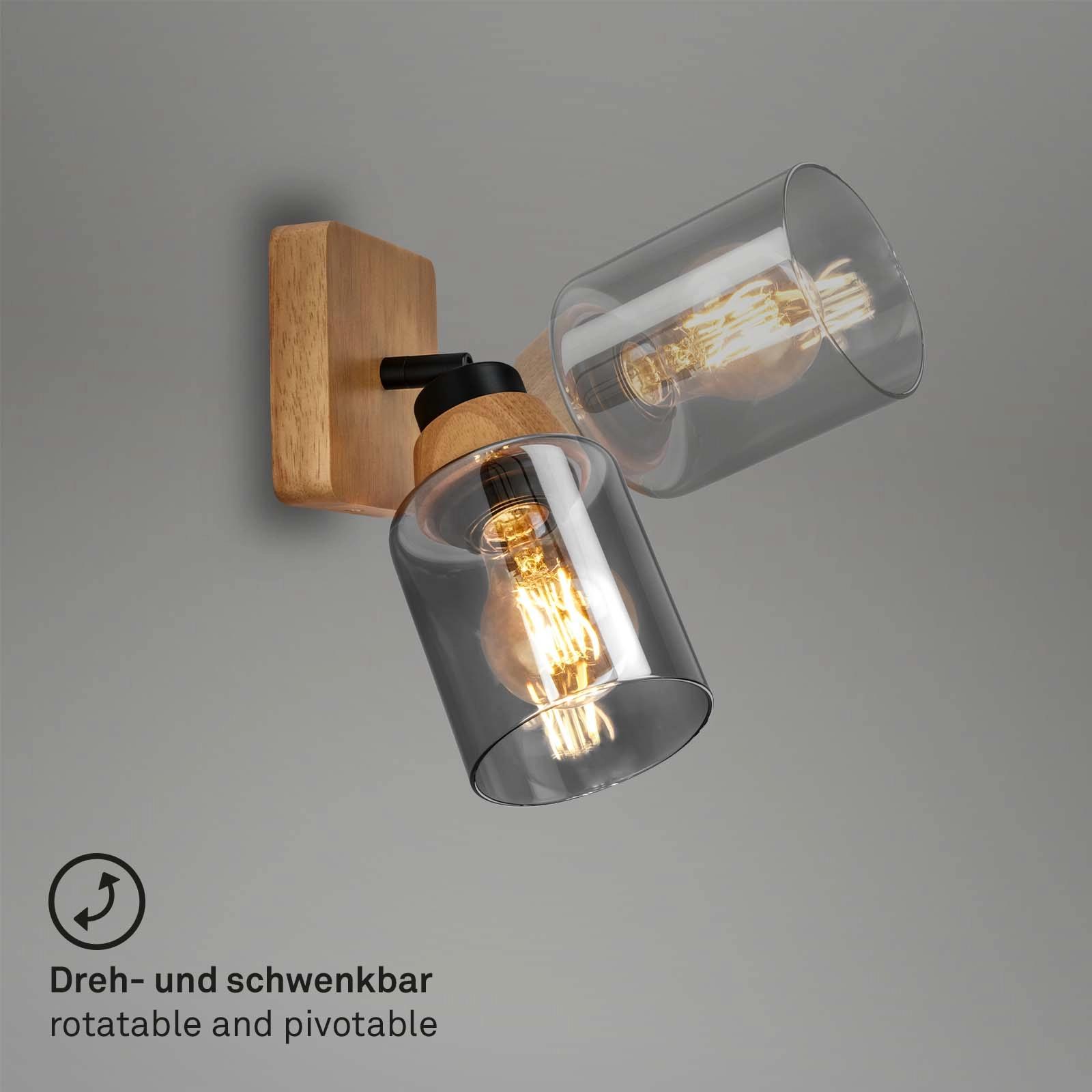 Briloner Royk Wandleuchte, Rauchglas, schwenkbar, 1-flammig, Holzbasis