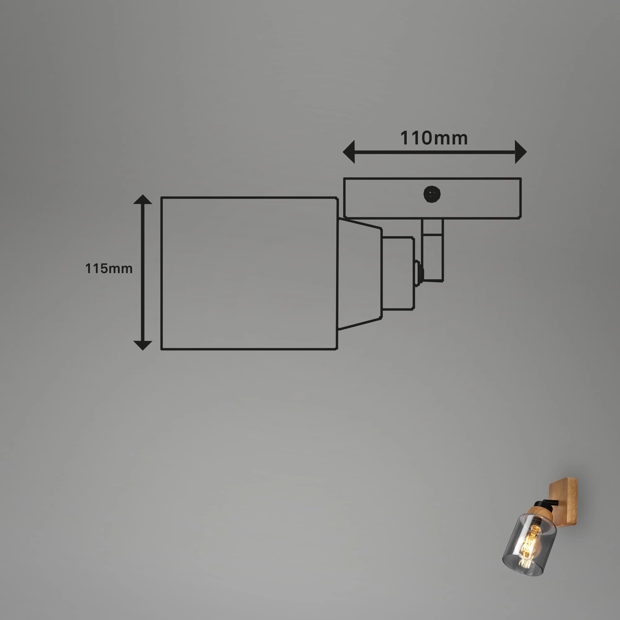 Briloner Royk Wandleuchte, Rauchglas, schwenkbar, 1-flammig, Holzbasis