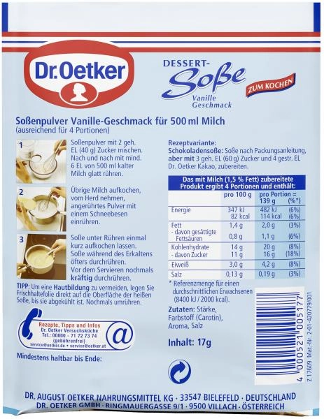 Dr. Oetker Dessert Soße zum Kochen Vanille