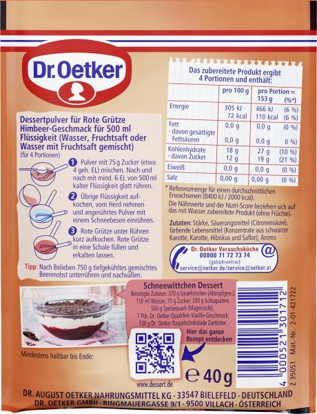 Dr. Oetker Rote Grütze Himbeer Geschmack