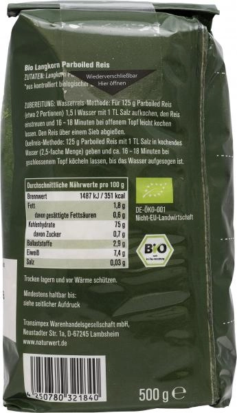 NaturWert Bio Langkorn Reis Parboiled