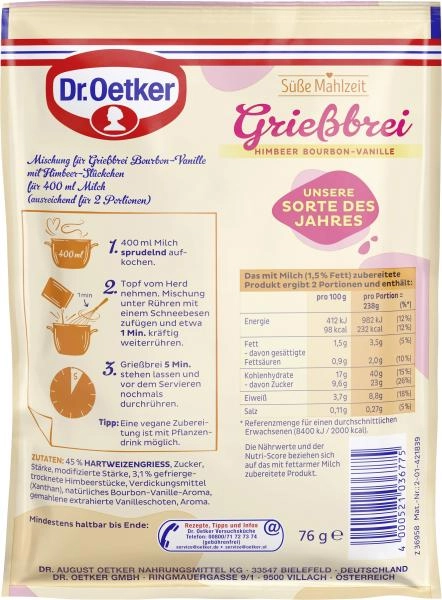 Dr. Oetker Süße Mahlzeit Grießbrei Himbeer Bourbon-Vanille Sorte des Jahres