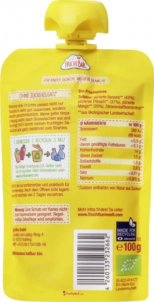 FruchtBar Bio Quetschie Fruchtpüree Mango-Pfirsich-Banane