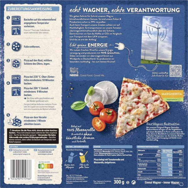 Original Wagner Steinofen Pizza Margherita Vegetarisch mit Mozzarella