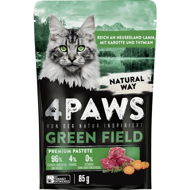 4Paws Green Field Premium Pastete Neuseelandlamm, Karotte & Thymian 85G