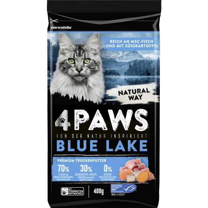 4 Paws Blue Lake Premium Trockenfutter reich an MSC Fisch mit Süsskartoffel 400G