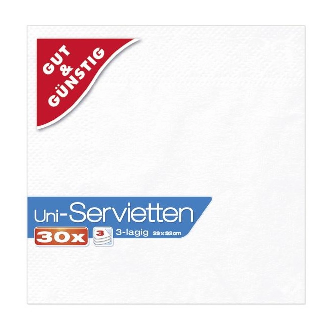 Gut & Günstig Servietten weiß 3-lagig 33cm x 33cm 30ST