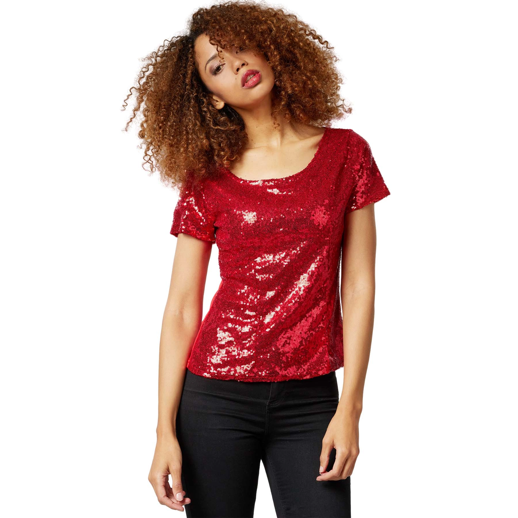 Pailletten-Kurzarm-Shirt - bordeaux, M