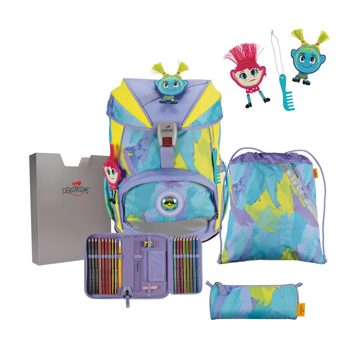 DerDieDas ErgoFlex Schulrucksack-Set 5-teilig mit Sportbeutel Hippie Hair