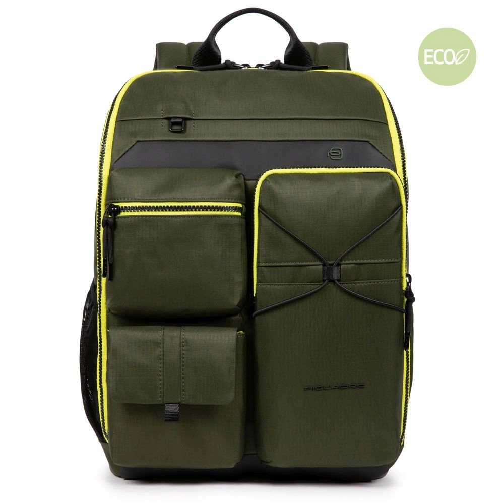 Piquadro Otello Laptoprucksack 14  aus recyceltem Stoff mit iPad®-Fach Olivgrün