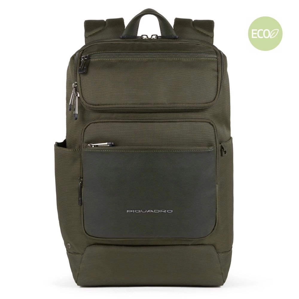 Piquadro Macbeth Laptoprucksack 14  aus Leder und mit recyceltem Stoff Olivgrün