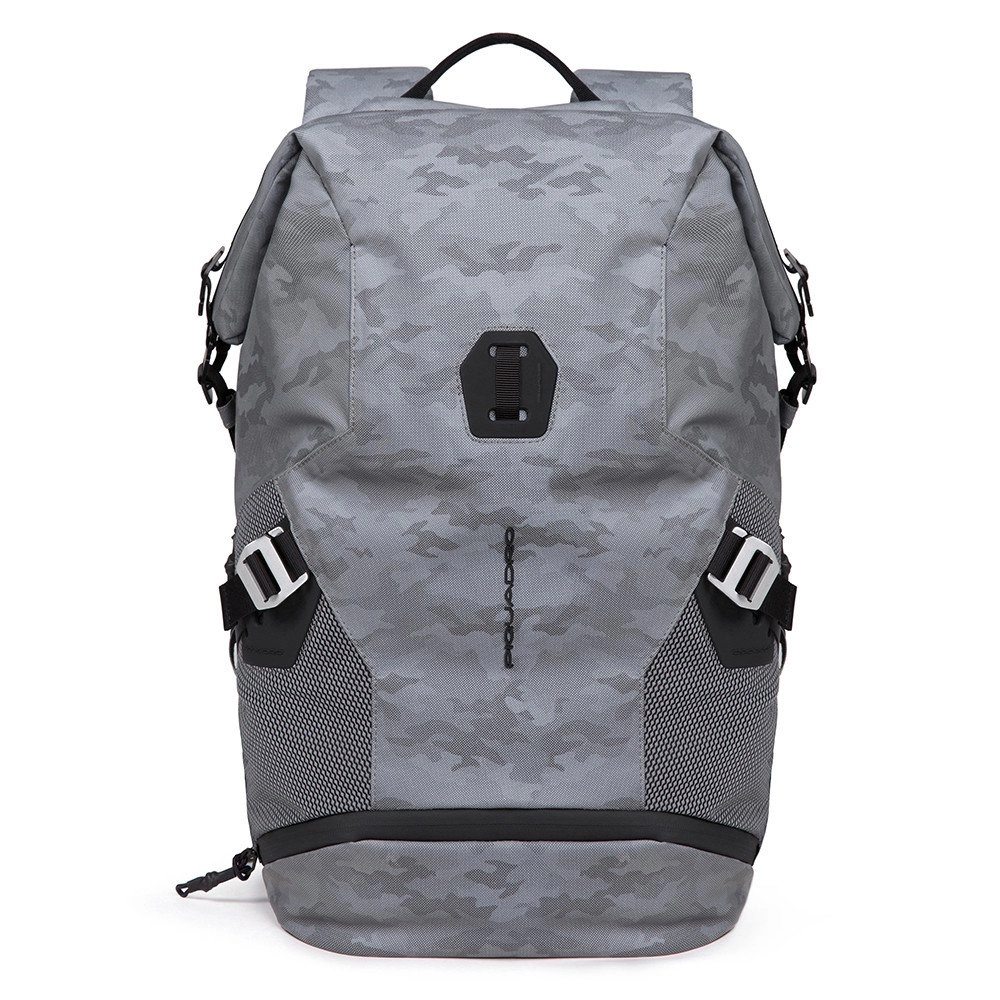 Piquadro PQ-Modular Laptoprucksack 15,6  aus rezykliertem antiviralen Stoff Camo Grigio