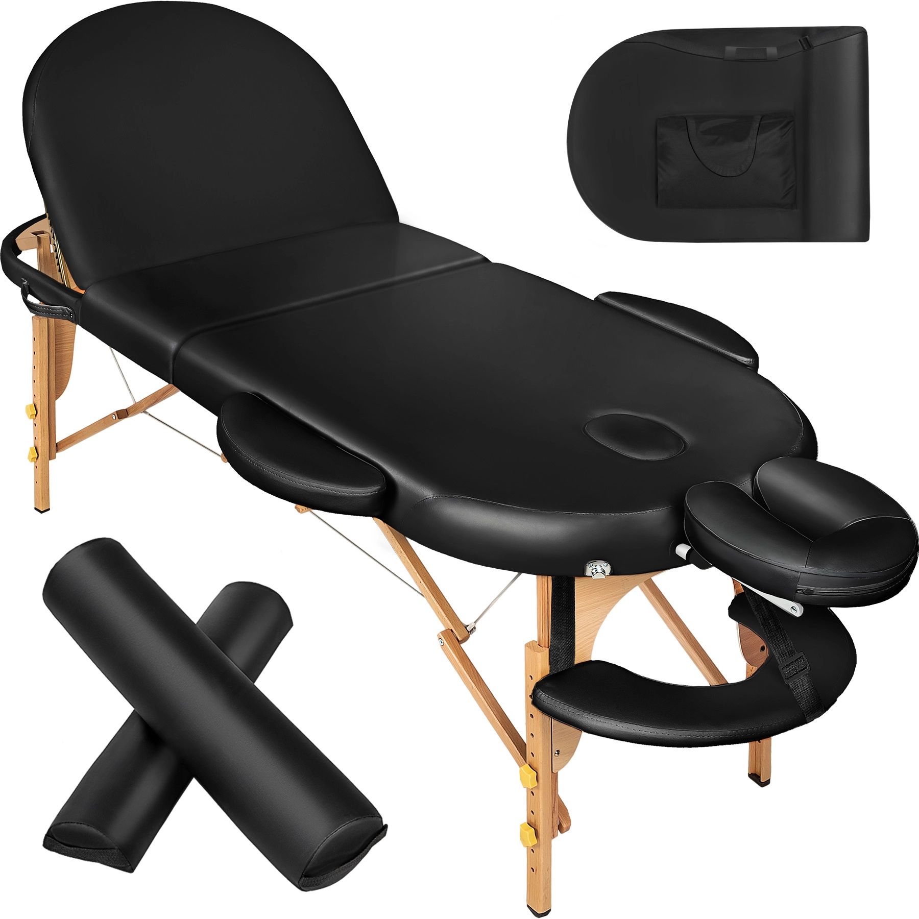 3 Zonen Massageliege oval mit 5cm Polsterung, Rollen und Holzgestell - schwarz