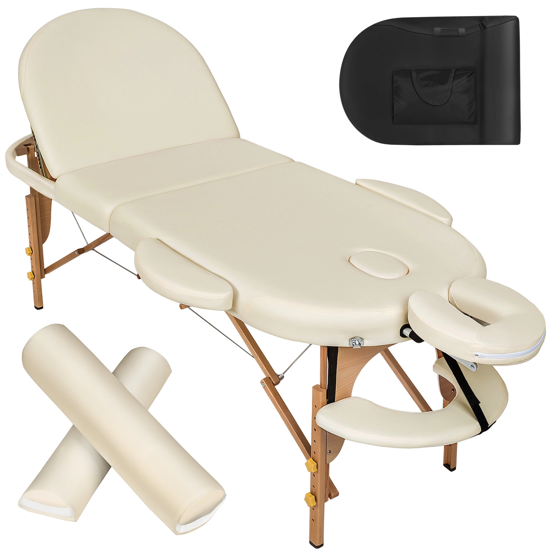 3 Zonen Massageliege oval mit 5cm Polsterung, Rollen und Holzgestell - beige